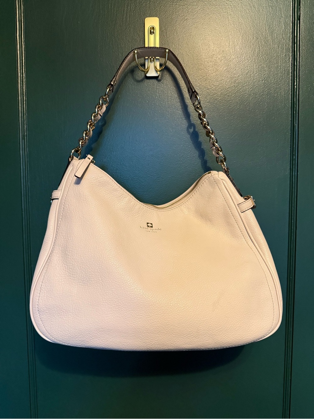 Kate Spade Pebbled Leather Shoulder Bag Cream Ivory Gold Chain Strap Hobo Purse